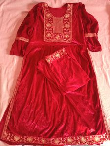 Velvet Maroon Nyra Cut Kurta With Plazo XL Size