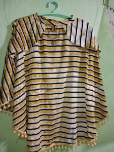 Striped Pom-Pom Trim Top