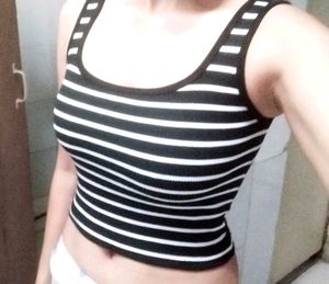 black cropped fitted tank top with white stripes