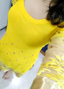 Yellow Kurti with Leaf + Polka Dots Design