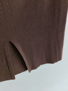 Brown Ribbed Knit Midi Skirt