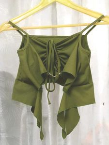 Olive Green Tie-Front Crop Top