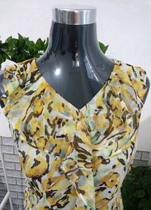 Yellow Ruffled Printed Knee Length Dress