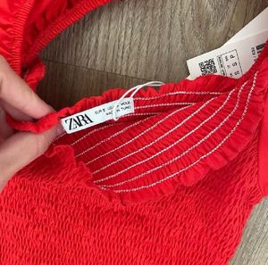 Zara Boho Cotton Bright Red Ruffles Smocked