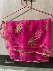 Hot Pink Net Dupatta with Gold Embroidery &amp; Lace