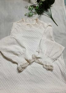 White Lace Trimmed Long Sleeve Top