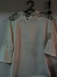 Office White High Necked Net Top With Floral Sleev