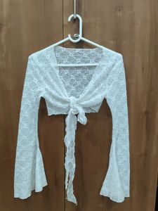 NewMe White Lace Tie Up Detail Crop Top