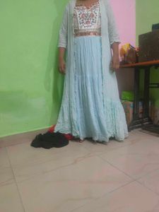 Elegant Embroidered Maxi Dress With Shrug