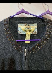 Gray Knit Zip-Up Cardigan