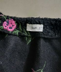 Kazo Floral Embroidered Black Coat