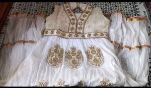 Elegant White &amp; Gold Anarkali Dress