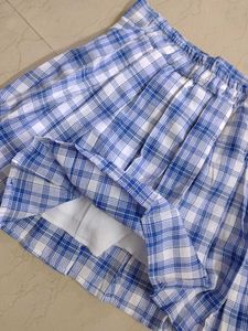 Blue And White Checked Korean Pleated Skirt