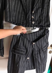 Grey Striped Jacket And Skirt