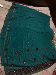 Teal Saare with Maroon Floral Embroidery