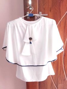 Off White Cape Top With Blue Borders