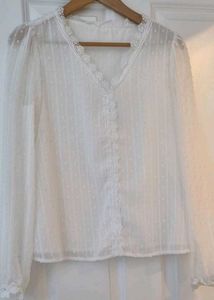 Shein White Lace Shirt Blouse Top Size L