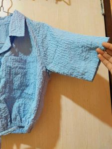 Blue Tie-Front Crop Top