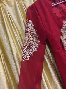 Red &amp; Gold Embroidered Dress With Duppata &amp; Bottom