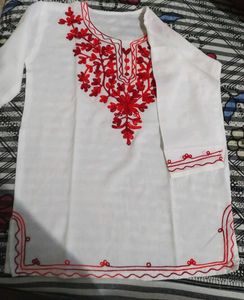 Red Embroidered White Kurti