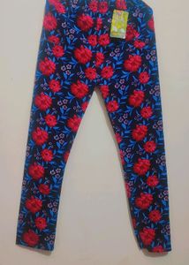 Navy Blue Color Pink Flower Printed Winter Legging