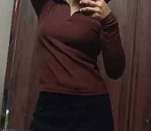 Brown Ribbed Long Sleeve Polo Top