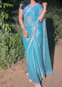 Aqua Blue Embellished Saree
