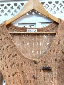 Elegant Brown Lace Knit Long Sleeves Cardigan C