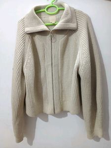 Beige Zip-Up Knit Cardigan