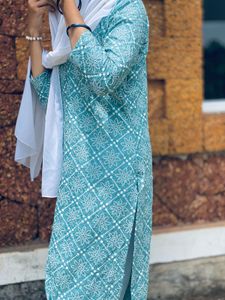 Elegant Aqua &amp; White Printed Kurti Set