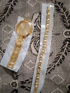 Watch And Bracelet Combo- Golden