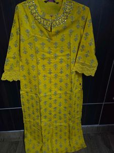 Yellow Printed Kurti with Mirror Detail