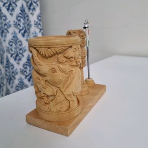 Wooden Pen Stand with Ashoka Stambh &amp; National Flag