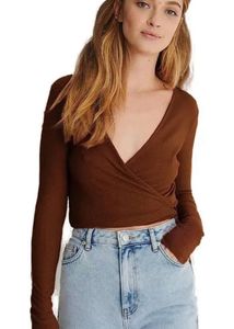Brown V Neck Wrap Tie Crop Top