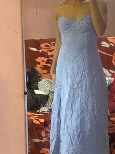 Blue Linen Slit Maxi Dress