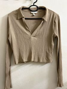 Beige Ribbed Knit Polo Top