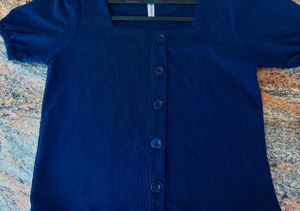 Navy Button-Down Puff Sleeve Top