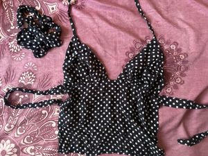 Polka Dot Tie-strap Crop Top with scarf