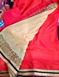 Tomato red and Golden lehenga Saree