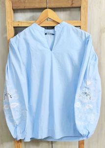 Chic Blue Embroidered Sleeve Top size-42
