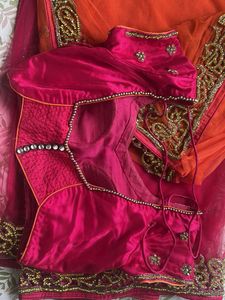 Orange &amp; Pink Net Embroidered Saree