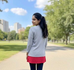 Red Top with Grey Cardigan