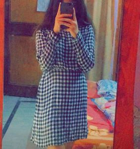 Checked A-line Dress With Back Tie Up