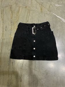 Black Denim Belted Mini Skirt