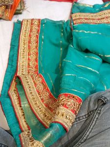 Teal &amp; Gold Embroidered Saree