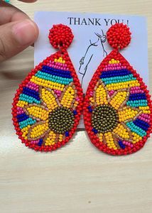 Beaded Sunflower Teardrop Earrings