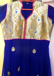 Elegant Blue &amp; Gold Anarkali With Dupatta
