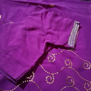 Purple Sequin Saree With Stitched Blouse