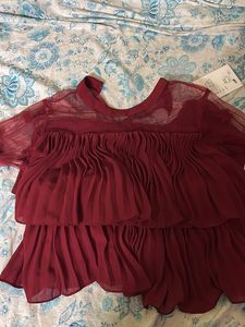 Elegant Scarlet Net Balloon Sleeve Top – Trendy “S