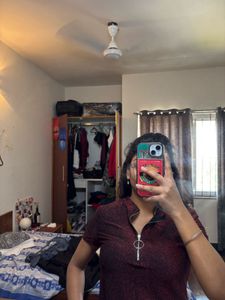 red shimmery top with zip detail from shein